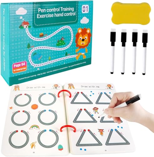 Image of SUPER TOY 64 Pages Magic Grooved Writing Practice for Kids Tracing Book Reusable Copybook for Kids Ages 3-5 Drawing, Writing Lines Shapes Montessori Kit for Children