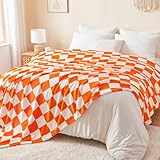 BEDELITE Checkered Throw Blanket Queen Size for Couch and Bed, Luxurious Fleece Blanket with Checkerboard Grid Home Decor, Soft Cozy Orange and White Warm Blankets for Spring, 90'x90'