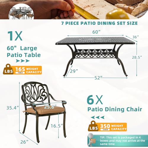 Image of MEETWARM 7-Piece Outdoor Patio Dining Set, 6 Outdoor Dining Cushioned Chairs and 1 Rectangle Table with 2 inch Umbrella Hole, All Weather Cast Aluminum Patio Funiture Set for Backyard