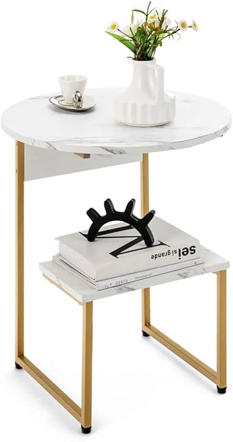 COSTWAY 2-Tier Sofa Side Table, Modern Faux Marble Nightstand Bedside End Table with Storage Shelf, Gold Metal Frame Small Coffee Tea Tables for Living Room, Bedroom and Office