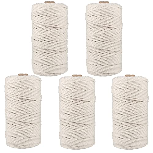 MANCHAP 5 PCS 3mm x 100m Macrame Cord, 4-Strand Twisted Macrame Cotton Rope for Wall Hanging Knitting, Gift Wrapping
