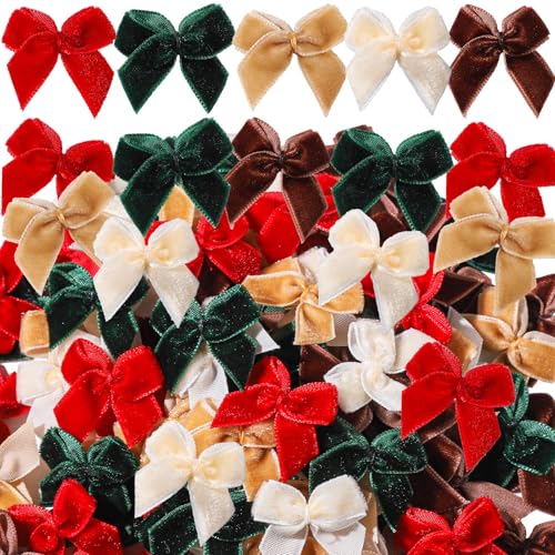 YGDZ 100 PCS Mini Christmas Velvet Bows Small Bows for Xmas Crafts 1 Inch Tiny Red Green Brown Velvet Bowknot for Christmas Gift Wrapping DIY Christmas Decor