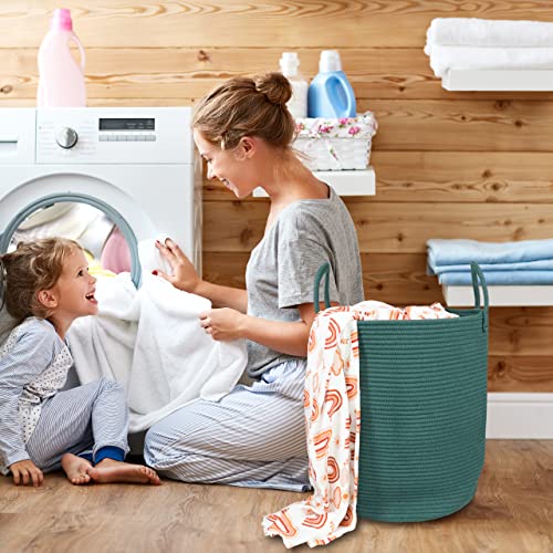 Image of XUANGUO Cotton Rope Laundry Basket Hamper for Clothes Large Dark Green | Baby Nursery Hamper Bin and Woven Storage Basket for Living Room Bedroom Boho Tall Rope Baskets Blankets Toys Pillows Towels