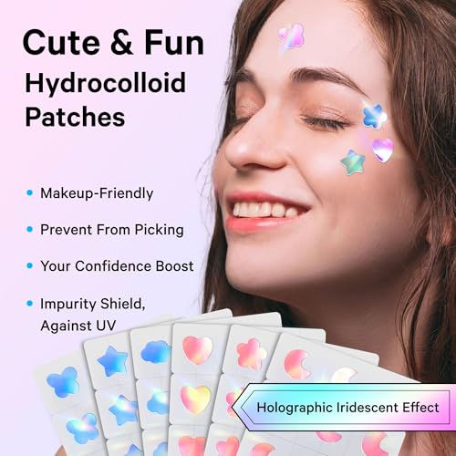 Image of Sosky Hologram Pimple Patches for Face, Hydrocolloid Acne Patches with Salicylic Acid, Cute Star Zit Stickers,Colorful Blemish Covers,36 Count Blue Pink Moon Cloud Flower