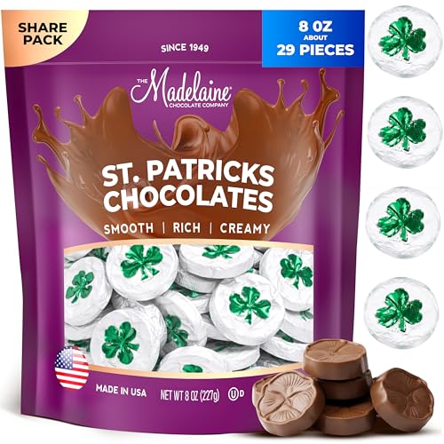 Madelaine St. Patrick's Day Solid Premium Milk Chocolate Shamrocks - ½ LB Bag Individually Wrapped Chocolate Candy in Matte White Foil with Green Shamrock - St. Patrick's Day Candy for Everyone