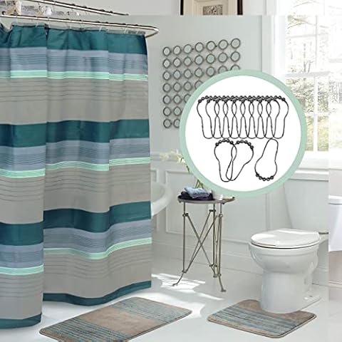 Creative Home Ideas 15-Piece Bathroom Shower Curtain Set โ Set of 1 Shower Curtain & 12 Metal Hooks & 1 Bath Mat & 1 Contour Mat, Modern Bathroom Dรฉcor, Machine Washable, Regent Denim Blue/Grey Cover