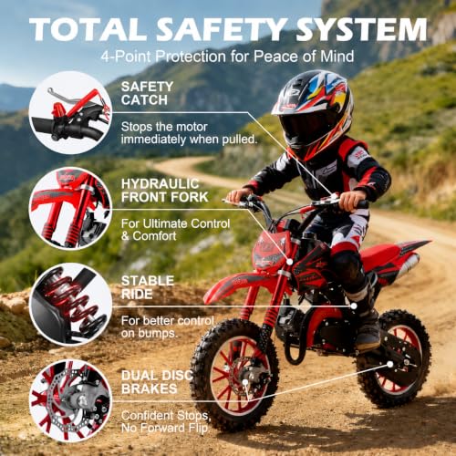 Image of 50cc Dirt Bike, 2 Stroke Gas Mini Bike for Kids 8-14 with Front Rear Disc Brakes, 10 Inch Off-Road Tires, Shock Absorption, Seat Height 23.6in, Max Speed 40mph, 2026 Upgraded,Classic Red
