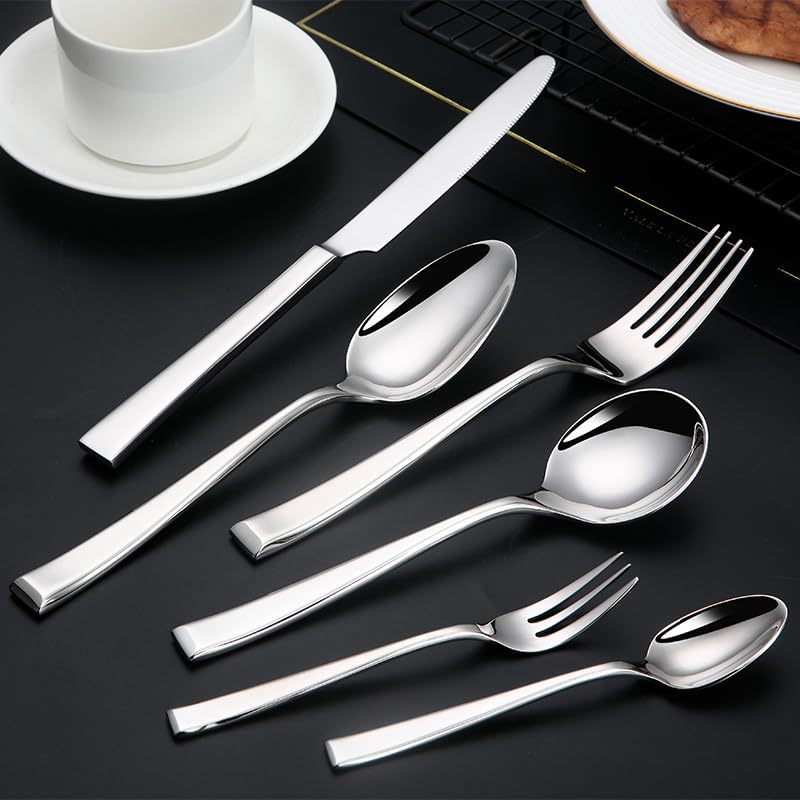 Besteckset, 6/24/36/48/60/72-teilig, kreatives Besteckset aus Edelstahl 304 mit quadratischem Griff, 6-teilig, Steakmesser, Dessertlöffel. Silber, 48 Teile für 8 (Gold, 36 Teile für 6)