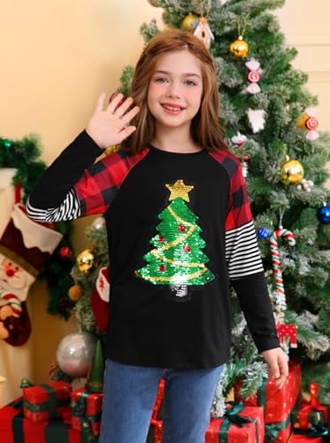 Image of BesserBay Girls Christmas Raglan Shirt Casual Leopard Stripe Patchwork Tunic Top 4-14 Years