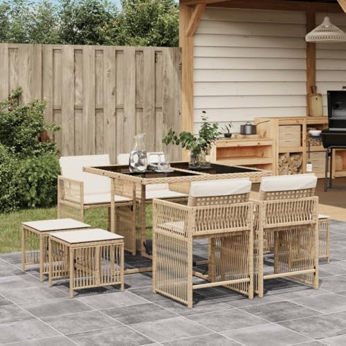 QJBSAVVA 9-TLG. Poly-Rattan Lounge-Essgruppe Beige 110x106x73 cm, klappbare Gartenmöbel mit Glasplatte, UV-beständige Balkonmöbel-Sitzgruppe für Terrassen, Garten und kleine Balkone