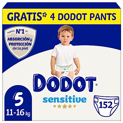 Dodot Pañales Bebé Sensitive Talla 5 (11-16kg), 152 Pañales + 4 Pants Gratis, Óptima Protección de la Piel de Dodot, Pack Mensual