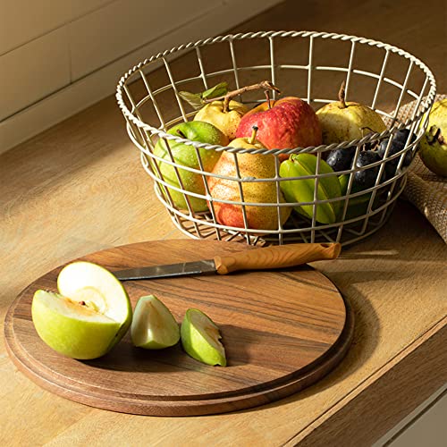 Image of Ellementry Round Twine Metal Wire Kitchen Vegetable Storage Basket With Wooden Lid, Fruit Basket For Pantry, Countertop Multi-Functional Fruit & Vegetable Organizer For Home & Kitchen Decor