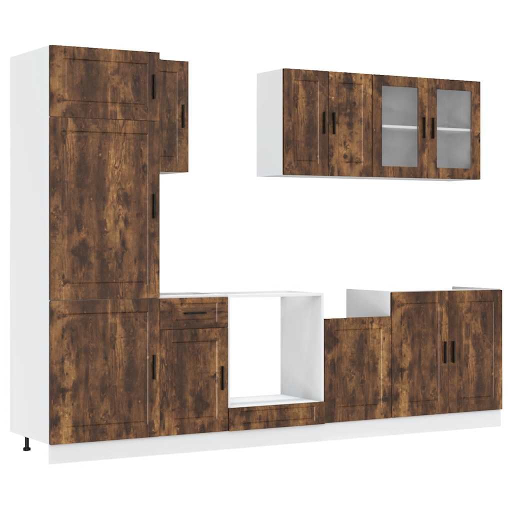 8-TLG. Küchenschrank-Set Porto Räuchereiche - Moderne Küchenzeile aus Holzwerkstoff mit Glas-Hängeschrank, Spülschrank, Backofenschrank und Hochschrank für viel Stauraum