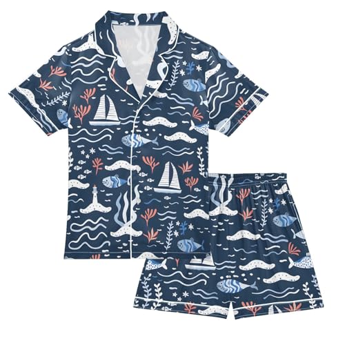 ALAZA Sea Fish Boat Blue Pajamas Satin Pajama Set Short Sleeve Button Down Sleepwear