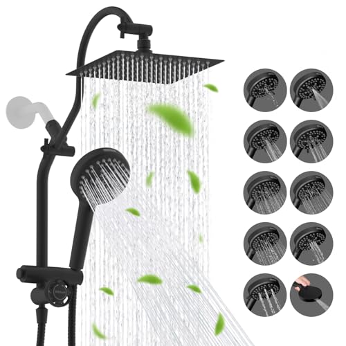 Image of Hibbent High Pressue All Metal 8 inch Rainfall Shower Head, Handheld 10-Spray | cUPC Certified Matte Black Dual Showerhead Combo, 4-way Diverter with Pause Mode, Brass Extension Arm, 71'' Hose & Holder