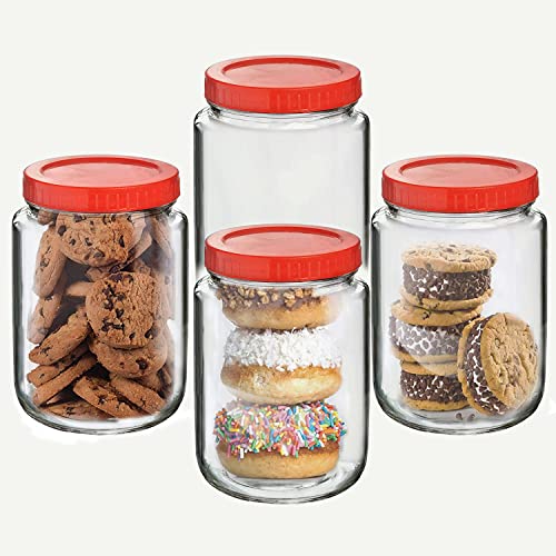 Image of Brezzycloud Piraml Glass Round Shape Transparent Glass Jars & Containers for Kitchen Pantry, Snacks, Dry Fruits, Coffee Beans Storage 1kg glassjar with Red Color Plastic Lid (Set Of 4) (1000ml, round)