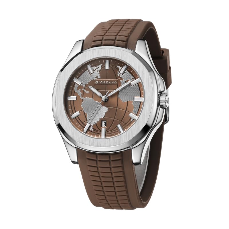 Image of Giordano Stylish World Map Design Analog Watch for Men with Silver Case Round Dial, Textured Silicone Strap, Water Resistant and Date Display Function - GZ-50147