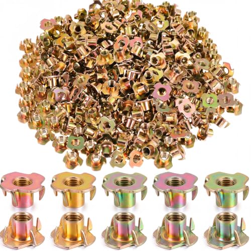 300 Pcs T-Nuts 3/8"-16 for Climbing Wall Wood, Iridescent Zinc