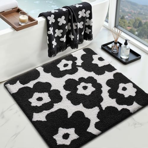 LUMI Bathroom Rugs Cute Floral Design, Soft Absorbent Square Bath Mat Non-Slip, Machine Washable Quick Dry Luxury Rug Flower Black White for Floor, Bathtub, Home Decor, 32'x32'