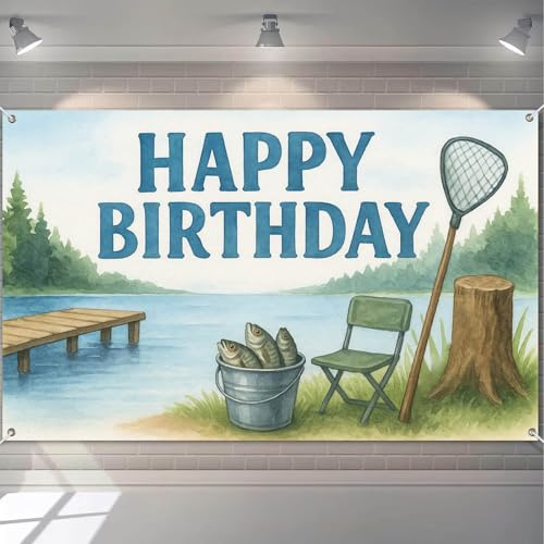 Image of HOMETITUTE Fishing Happy Birthday Banner 71x43 Inch Outdoor Theme