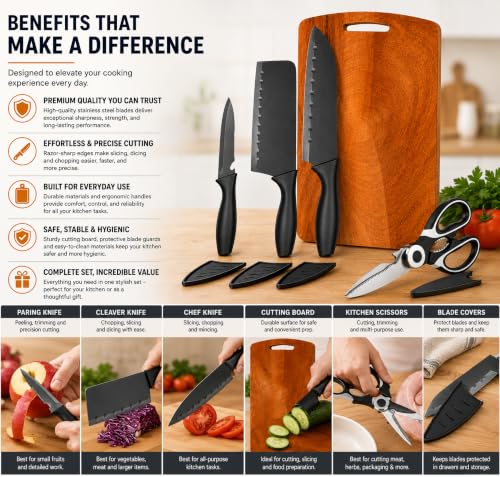 Image of Kitchen Knife Set with Wooden Cutting Board & Kitchen Scissors | Black Coted Stainless Steel Blade with Cover | Heavy-Duty Kitchen Scissors | Wood Chopping Board for Vegetable, Fruit & Meat Cutting