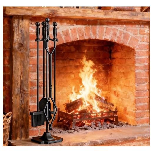 Fire Beauty Fireplace Tools Set 5 Pieces Wrought Iron Fireset Fire Pit Poker Wood Stove Log Tongs Holder Fireplace Tool Set with Pedestal Place