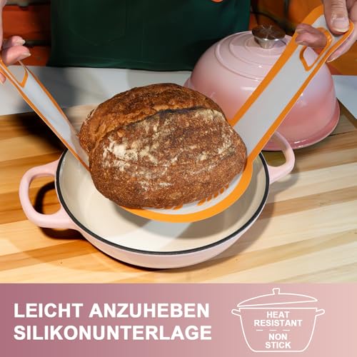 Gusseisen Topf Brot Backen,5,7L Bräter Emaille Schmortopf mit Deckel und Griffen,26 cm Dutch Oven,Brotbacktopf mit Gärkorb,Schmortopf Gusseisen Topf für Küche Backen Schmoren & Braten (Rosa) 6