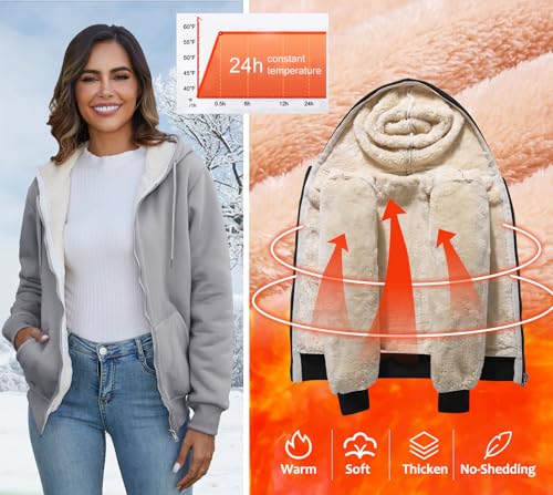 Image of Flygo Womens Casual Winter Warm Sherpa Lined Full Zip Up Hoodie Sweatshirt Jacket
