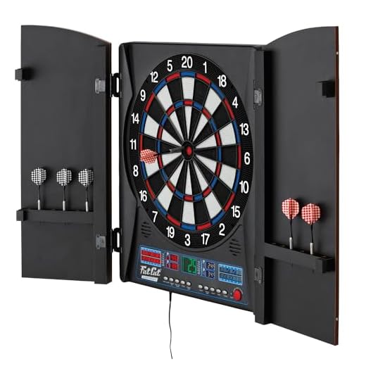 Fat Cat Electronx Electronic Dartboard, Built In Cabinet, Solo Play With Cyber Player, Dual Screen Scoreboard Display, Extended Catch Ring For Missed Darts, Classic Door Look Matches Traditional Décor