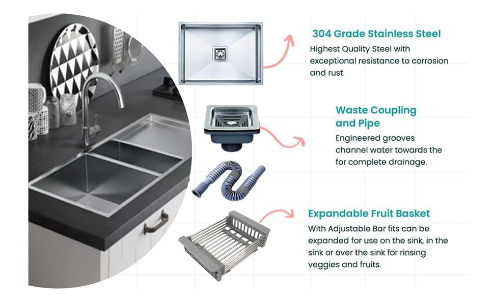 Image of HAPPY HOMES 304 Stainless Steel Kitchen Sink 30 x 18 x10 Matt Finish Single Bowl Kitchen Sink with Nanocoated Undercoating, Sound Dampening |Square Coupling and Metal Fruit Basket