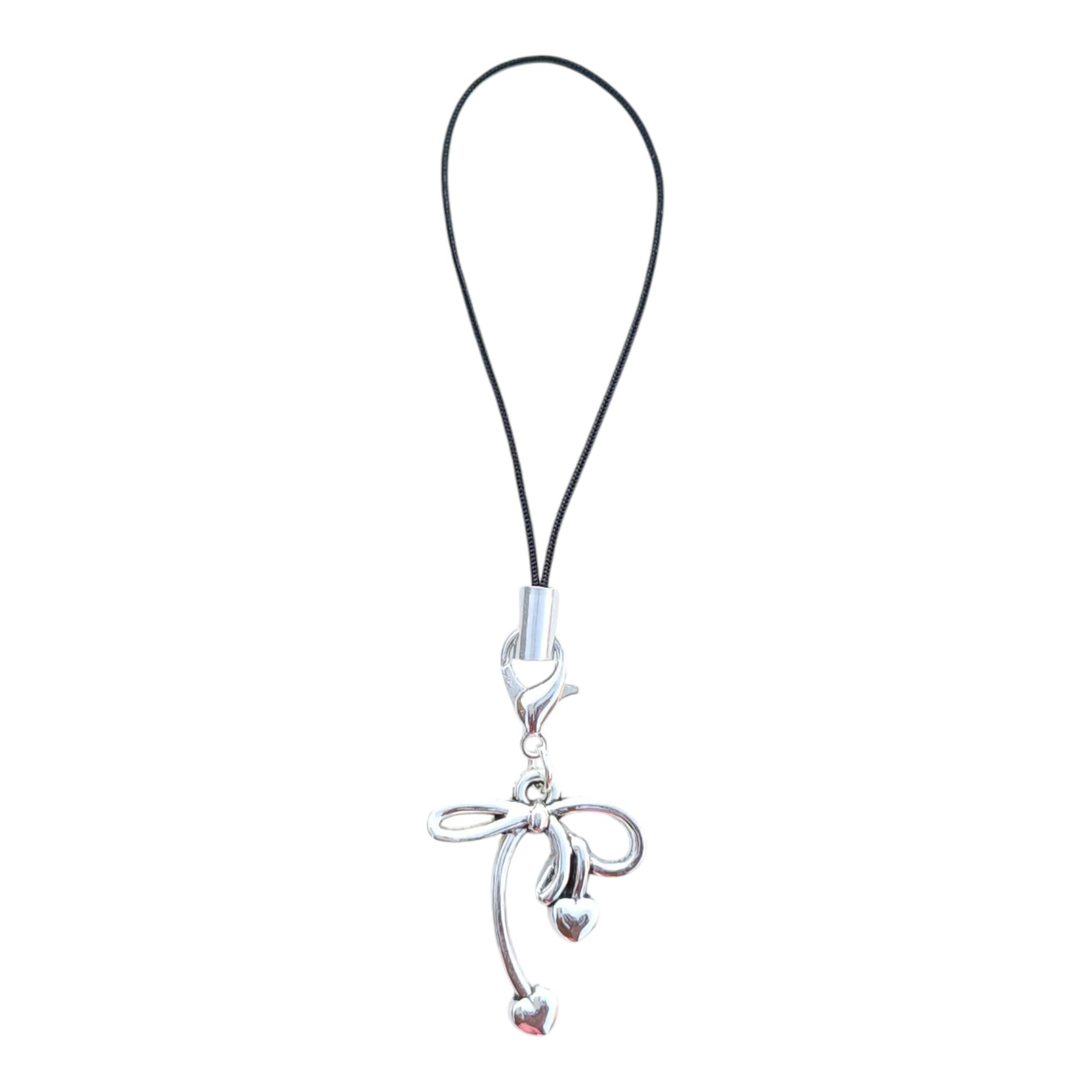 Silver Bow Phone Charm with Hearts Black Cord Mobile Strap | Adds a stylish decorative touch to phones, tablets, cameras, keychains, bags-image-11
