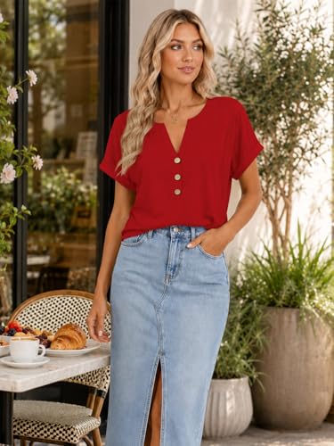 Image of EyMuse Womens Short Sleeve Henley Tops Fashion Casual V Neck Summer Tshirt | Summer Button Up Top Fashion Soft Basic Tees Blouses Spring Comfortable Classic Clothing Resort Wear for Women 2026