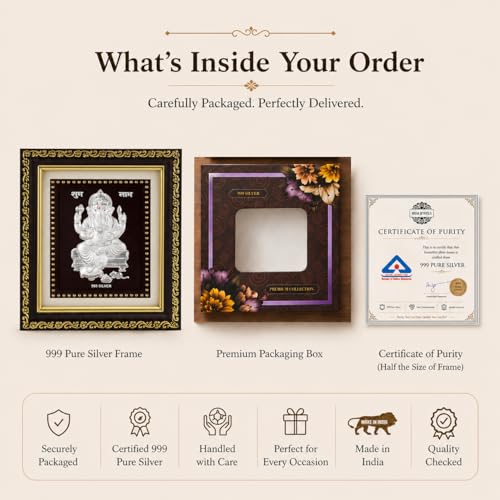 Image of Hem Jewels 999 Pure Silver Ganesh Photo Frame for Home & Office | God Frame for Pooja Room & Wall Decor | Premium Pure Silver Gifting Item for Wedding, Housewarming, Office, Wedding & Festival Gifts | Square Tabletop | W=12cm & H=13.5 cm | Certificate Included