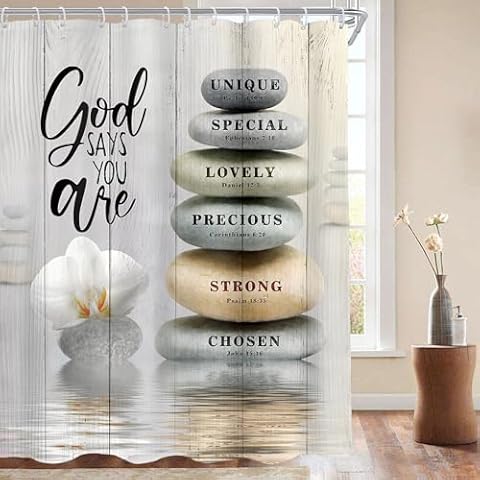 AMBZEK Zen Bible Verse Shower Curtain 72Wx72L Inch Scripture Spa Stone Massage Christian Meditation Relaxing Asian Lotus Artwork Cloth Fabric Waterproof Polyester Bathroom Decor Set with 12 Pack Hooks Cover