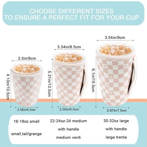 Image of KJQJLY 3 Pack Reusable Iced Coffee Sleeves for Iced Coffee Cups or Drinks Reusable Neoprene Insulated Sleeves for Hot and Cold Drinks from Starbucks, Dunkin, And More (Floral Checkers)
