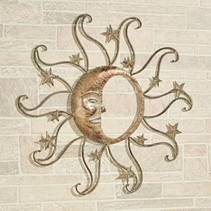 Touch of class sun and moon face metal wall art tarnished gold southwestern style decor outdoor indoor sculptures for patio porch bedroom  urban country home decor