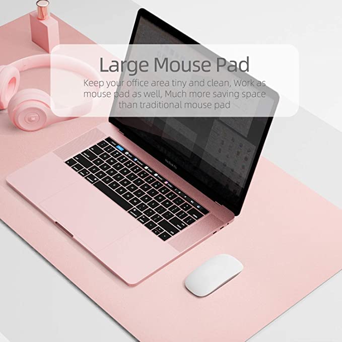 Image of AROPANA Vegan Leather Desk Mat | Large Reversible Mouse Pad & Computer Table Protector | Dual-Side Waterproof Extended Laptop Pad with Edge-Stitched Design (60x35CM, Pink and Silver)