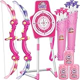 GMAOPHY Bow and Arrow Toys for 5 6 7 8 9 10 Years Olds Girls, Indoor Outdoor Activity LED Light Up Archery Set for Birthday Gift, 20 Arrows, Archery Target