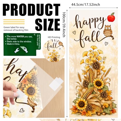 Image of Nuxovilar Fall Window Cling 17.7 x 39.4 in, White Frosted Harvest Owl | White frosted PVC helps obscure views for privacy, with an owl, sunflowers, corn and pinecones for classic harvest decor