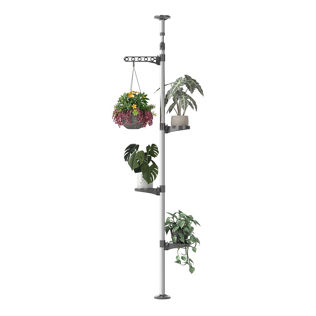Hershii 5-Layer Indoor Plant Stand Pole Spring Tension Rod Corner Flower Display Rack Holder Adjustable Telescopic Floor to Ceiling Shelf Space Saving - Grey