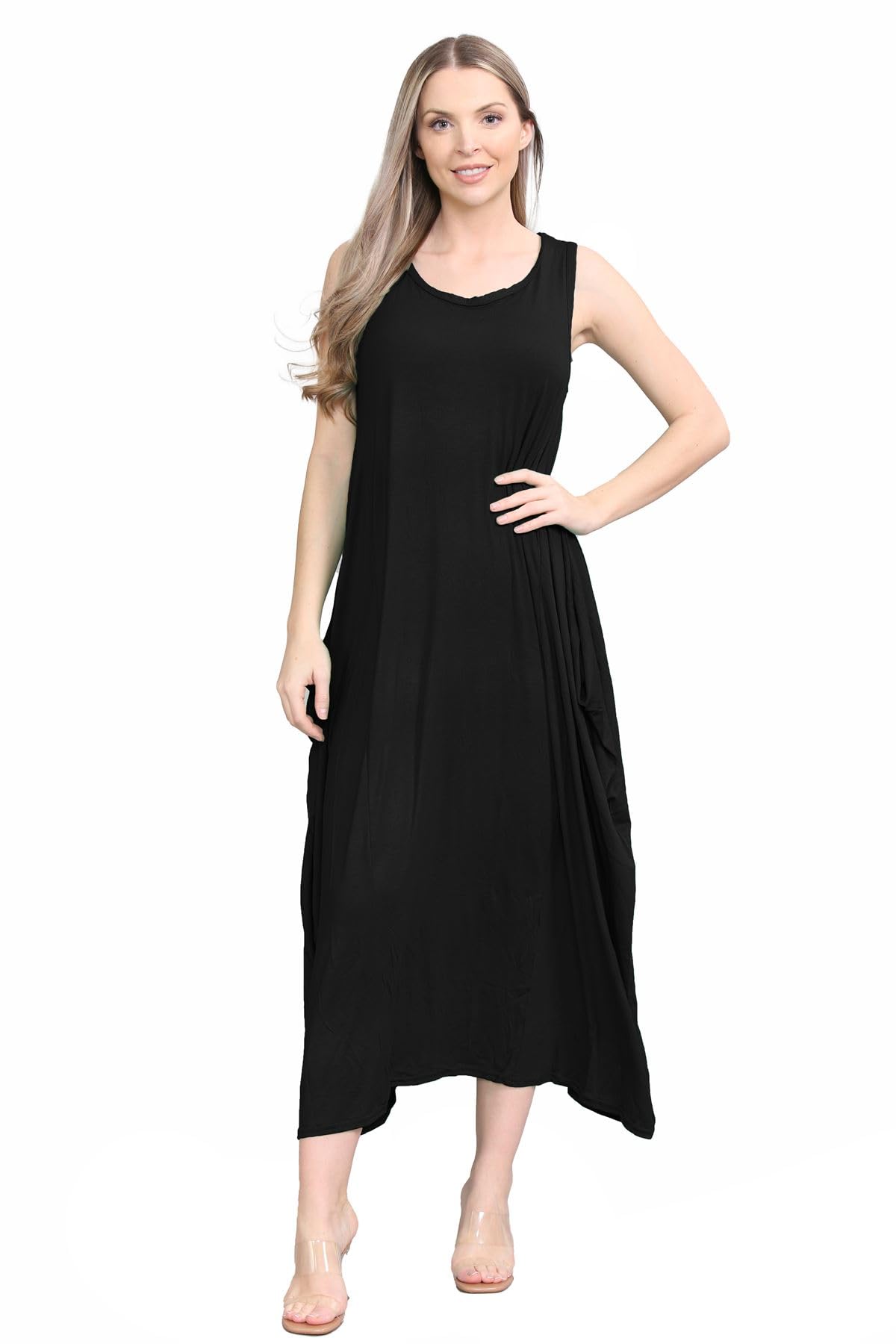 Womens Parachute Italian Lagenlook Midi Dress, Sleeveless Round Neck Stretchy Tulip Dress, Plain Long Summer Dresses for Women UK, Casual & Holiday Ladies Midi Dresses