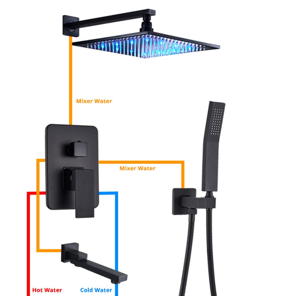Matowa Czarna Bateria Łazienkowa Deszczownica Prysznicowa LED Bateria Wannowa Ścienna Bateria Prysznicowa Bateria Mieszalna Zestaw Prysznicowy Zestaw Prysznicowy(8 Inch Shower Set)
