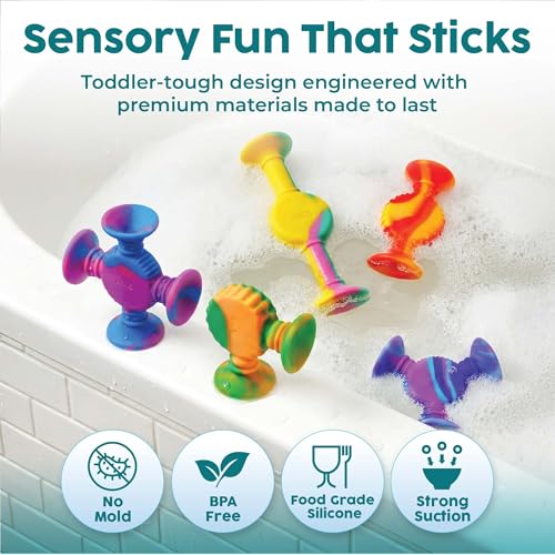 Image of BUNMO Rainbow Textured Suction Toys - 10 Pack | Bath Toys and Suction Toys | Silicone Kids Bath Toys for Kids Ages 3+ | Bathtub Toys, Shower Toys & Travel | BPA-Free