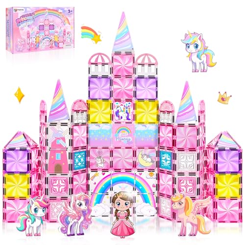 Diamond Magnetic Tiles Unicorns Princess Castle with Magnetic Art Decor Kit, Unicorn Toys for Girl 3 4-6-8, Magnet Tiles for kids 4-8 5 6 7+ Girl Gifts,Magnet Toys Include 5 Dolls,Rainbow,Candy,Decors