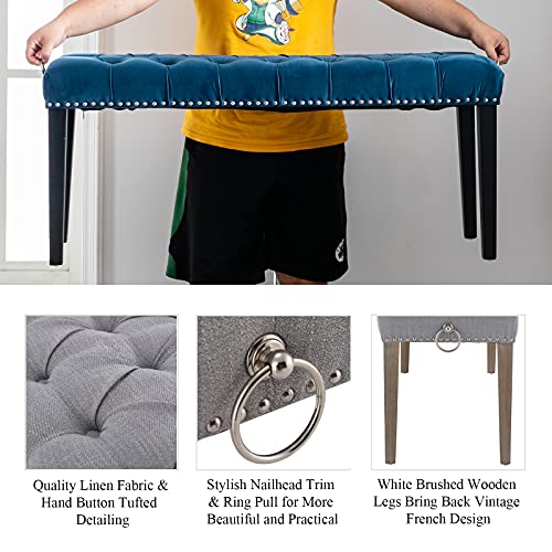 Duomay Modern Upholstered Tufted Bench Ottoman W/Ring Pull, Linen Dining Bench Bedroom Bench W/Nailhead Trim Footrest Stool Accent Bench For Entryway Dining Room Living Room, Grey #TOP2