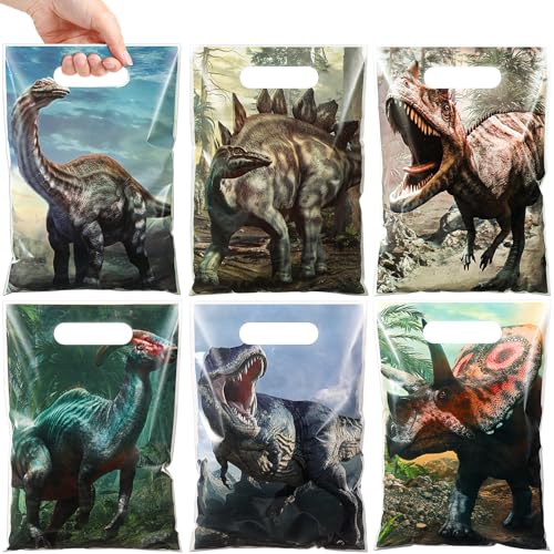 Funrous 90 Pcs Dinosaur Party Favor Dino Treat Gift Bags Bulk Dinosaur Plastic Goodie Loot Bags Dino Candy Pouches with Handles for Birthday Baby Shower Party Gift Decor Supplies