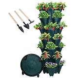 GameXcel Vertical Planter 7 Tier Stackable Planters Garden Planters Strawberry Herb Flower and Vegetable Planter Indoor Outdoor Gardening Pots with Removable Wheels and Tools