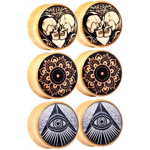 Awinrel Men's Wood 00G Saddle Ear Gauge Plugs Flesh Tunnel Stretcher Piercing Eyelet Mandala Skull Illuminati All Seeing Eye 3 Pairs 10Mm Cover