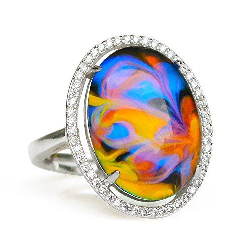 Fun Jewels Oval Crystal Opalescent Swirl Color Change Stone Brass Mood Ring Size Adjustable