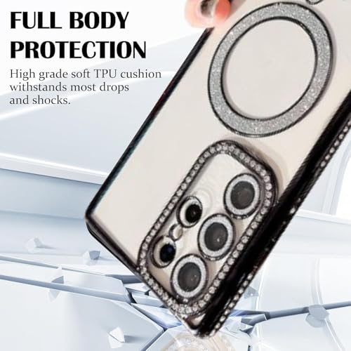 Image of for Samsung Galaxy Glitter Case,Luxury Bling Rhinestone Diamond Plated Bumper Case,MagSafe, Sparkle Camera Lens Protection Clear Back Cover (Black, for Samsung Galaxy S25 Ultra)